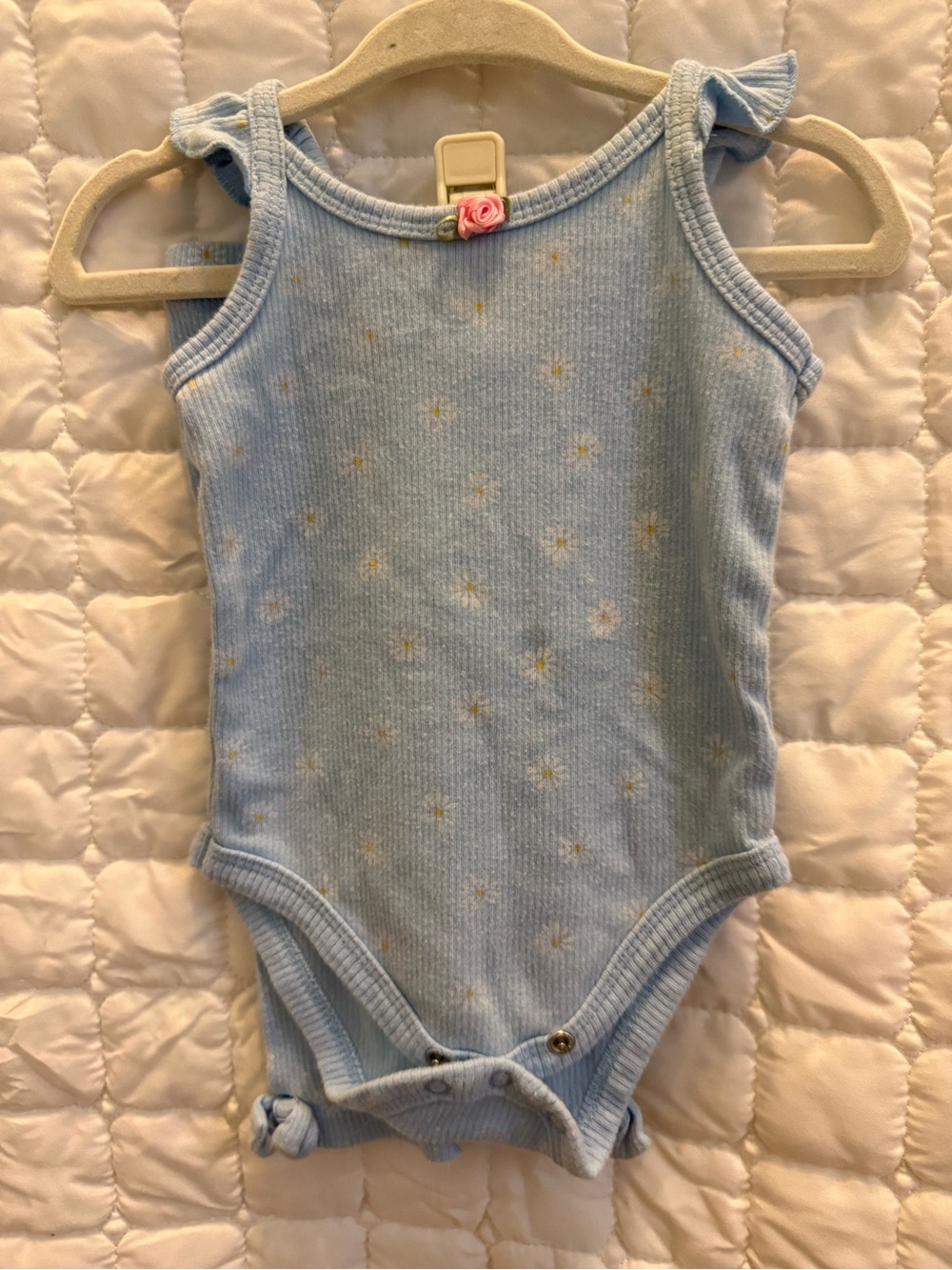 Soft Blue Floral Ribbed Baby Bodysuit - Sleeveless